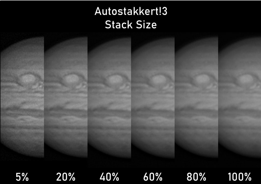 Apilado en Autostakkert comparativa Stack Size